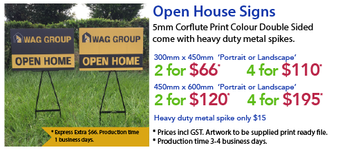 Corflute Open House Signs with grass spikes  Jack Flash Signs